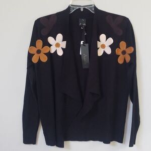 Aaeda By Anthropologie S Black Luscious Embroidered Floral Soft Open Cardigan